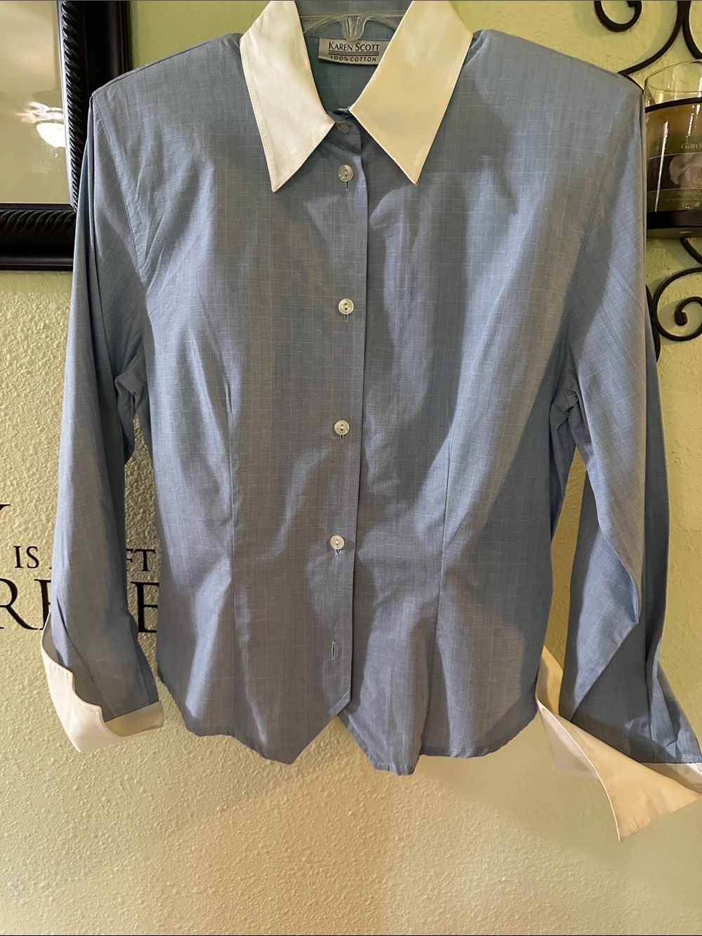Karen Scott Light Blue Button-Down Shirt with White Collar and Cuffs